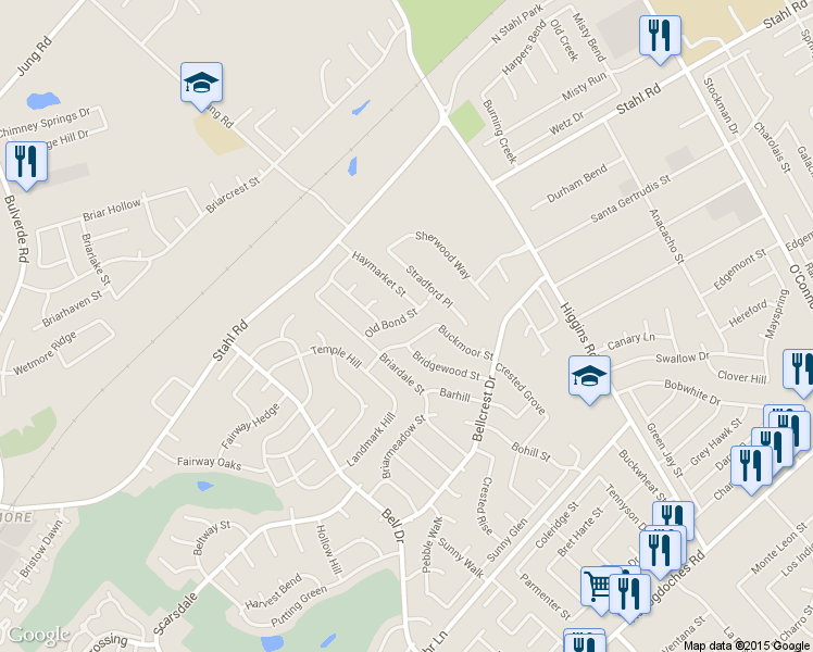 map of restaurants, bars, coffee shops, grocery stores, and more near 14130 Old Bond Street in San Antonio