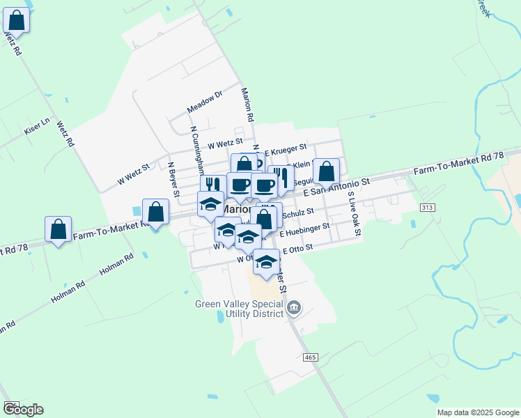 map of restaurants, bars, coffee shops, grocery stores, and more near 106 West Huebinger Street in Marion