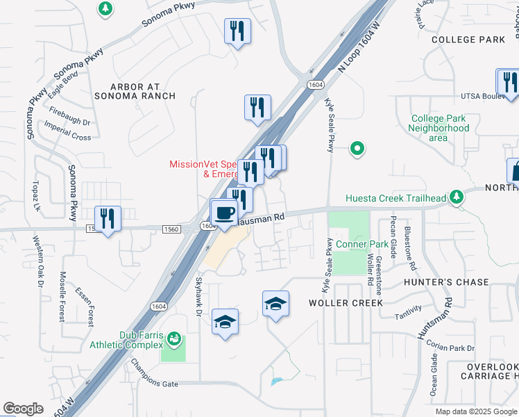 map of restaurants, bars, coffee shops, grocery stores, and more near 8123 West Hausman Road in San Antonio