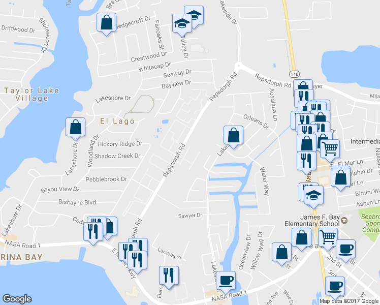 map of restaurants, bars, coffee shops, grocery stores, and more near 2546 Blue Heron Circle in Seabrook