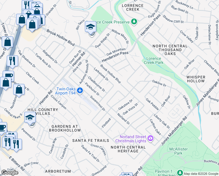 map of restaurants, bars, coffee shops, grocery stores, and more near 1715 Forest Spring Street in San Antonio