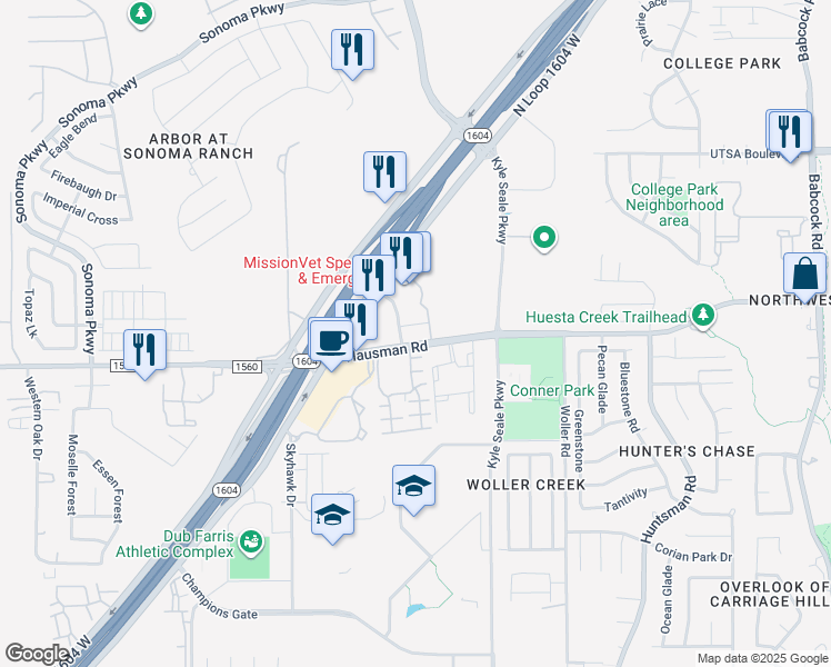map of restaurants, bars, coffee shops, grocery stores, and more near 8123 West Hausman Road in San Antonio