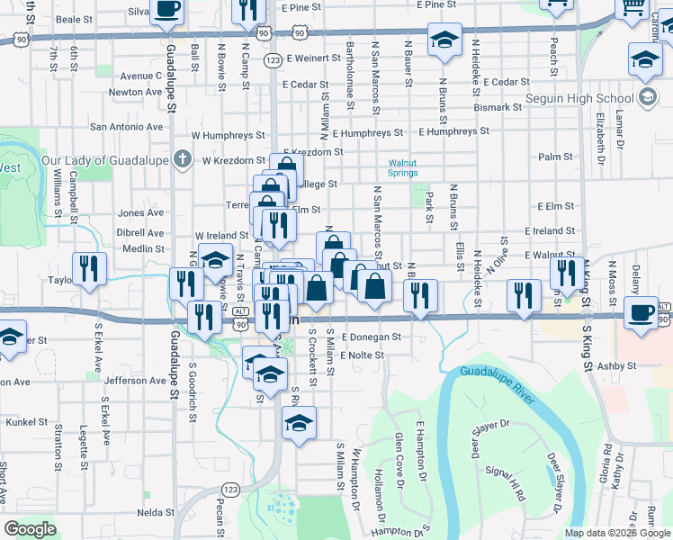map of restaurants, bars, coffee shops, grocery stores, and more near 309 North Milam Street in Seguin
