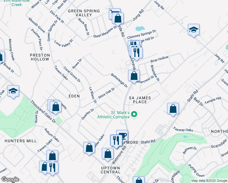 map of restaurants, bars, coffee shops, grocery stores, and more near 3501 Oakfort Street in San Antonio