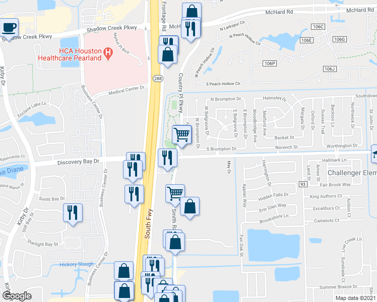 map of restaurants, bars, coffee shops, grocery stores, and more near 10525 Hughes Ranch Road in Pearland