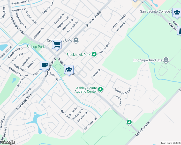 map of restaurants, bars, coffee shops, grocery stores, and more near 12138 Country Orchard Lane in Houston