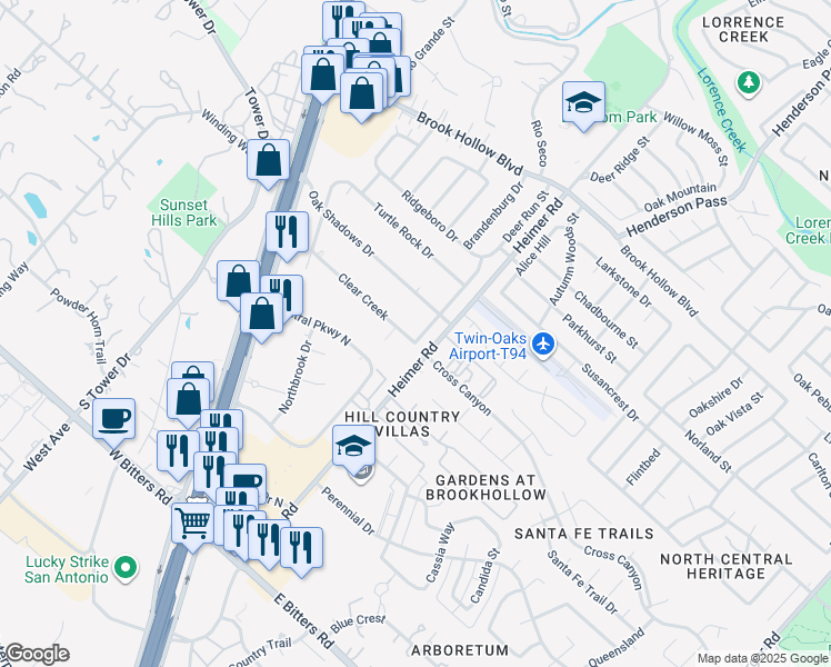 map of restaurants, bars, coffee shops, grocery stores, and more near 14202 Clear Creek in San Antonio