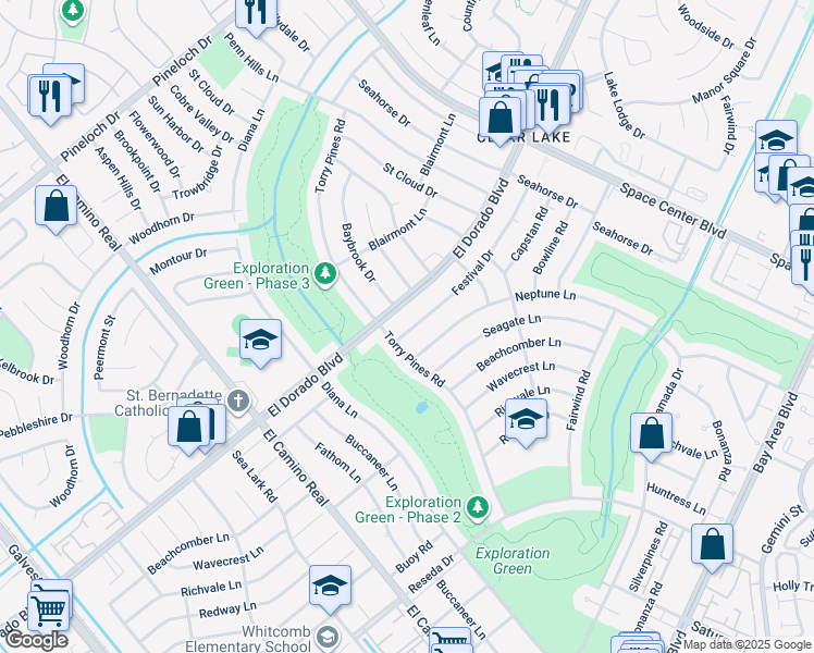 map of restaurants, bars, coffee shops, grocery stores, and more near 1407 Festival Drive in Houston