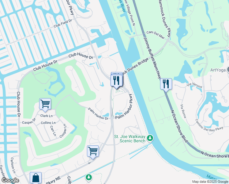 map of restaurants, bars, coffee shops, grocery stores, and more near 101 Palm Harbor Parkway in Palm Coast
