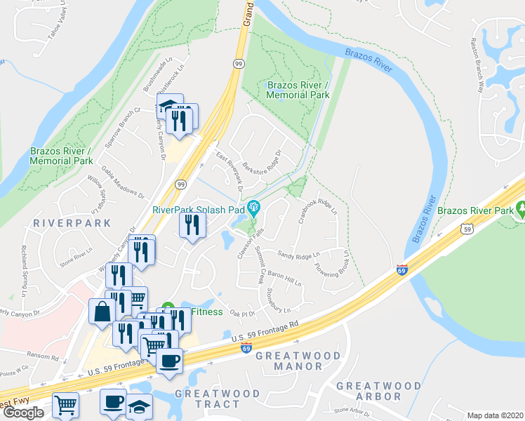 map of restaurants, bars, coffee shops, grocery stores, and more near 5801 Sage River Court in Sugar Land