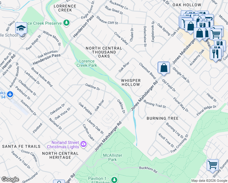 map of restaurants, bars, coffee shops, grocery stores, and more near 2415 Oakline Drive in San Antonio