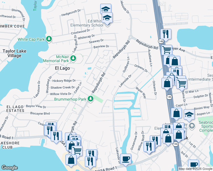 map of restaurants, bars, coffee shops, grocery stores, and more near 2546 Blue Heron Circle in Seabrook