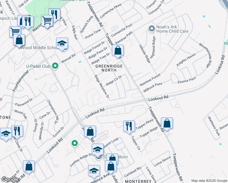 map of restaurants, bars, coffee shops, grocery stores, and more near 6426 Ridge Village Drive in San Antonio