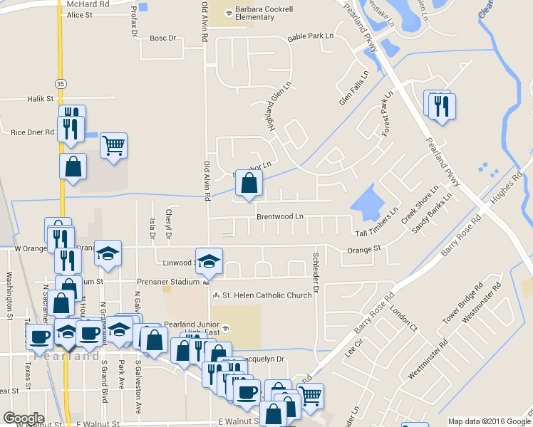 map of restaurants, bars, coffee shops, grocery stores, and more near 3317 Brentwood Lane in Pearland