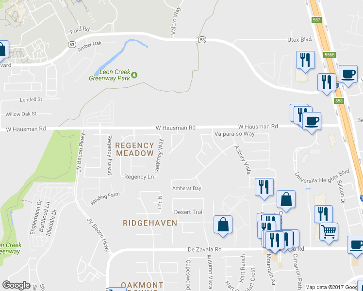 map of restaurants, bars, coffee shops, grocery stores, and more near 13450 Purdue Valley in San Antonio