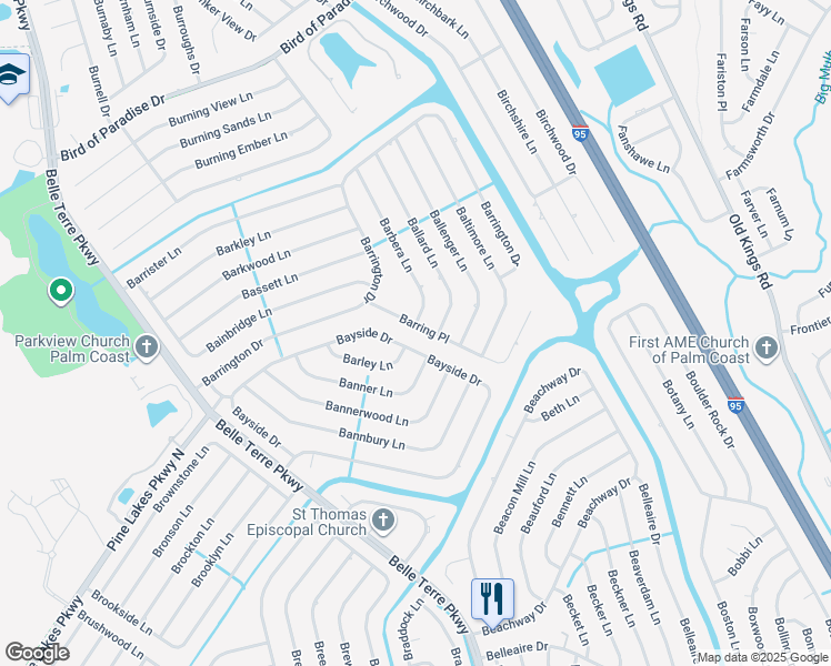 map of restaurants, bars, coffee shops, grocery stores, and more near 16 Barring Place in Palm Coast