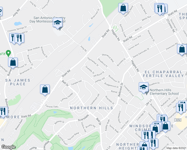 map of restaurants, bars, coffee shops, grocery stores, and more near 4442 Grantilly Street in San Antonio