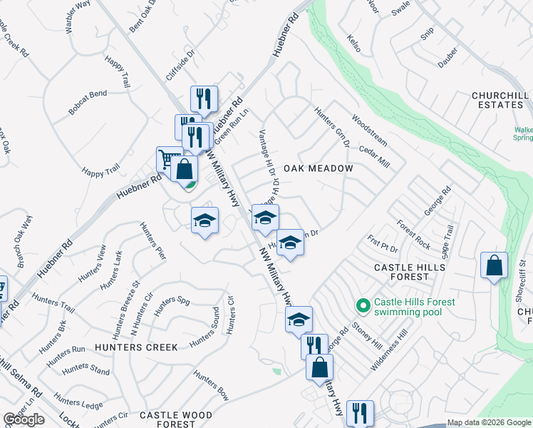 map of restaurants, bars, coffee shops, grocery stores, and more near 14121 Gray Wing Street in San Antonio