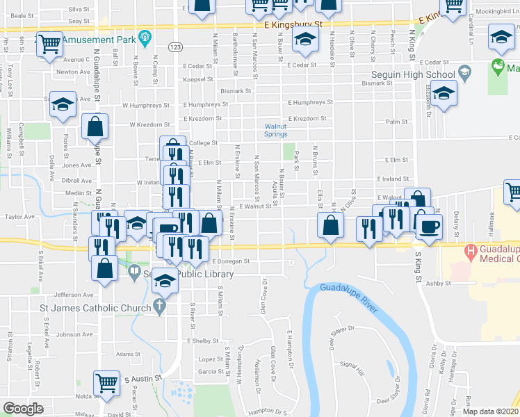 map of restaurants, bars, coffee shops, grocery stores, and more near 319 North San Marcos Street in Seguin