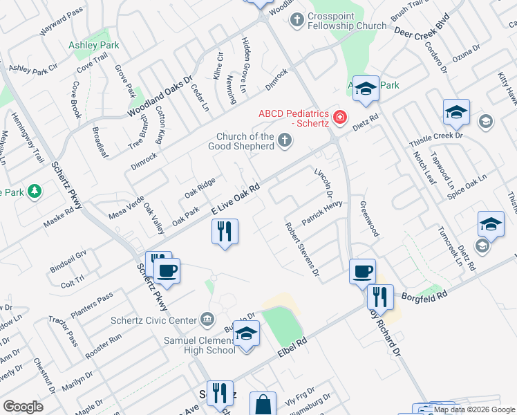 map of restaurants, bars, coffee shops, grocery stores, and more near 1021 Keanna Place in Schertz