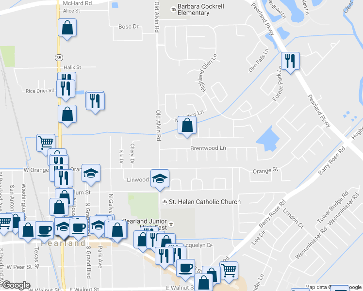 map of restaurants, bars, coffee shops, grocery stores, and more near 3407 Brentwood Lane in Pearland