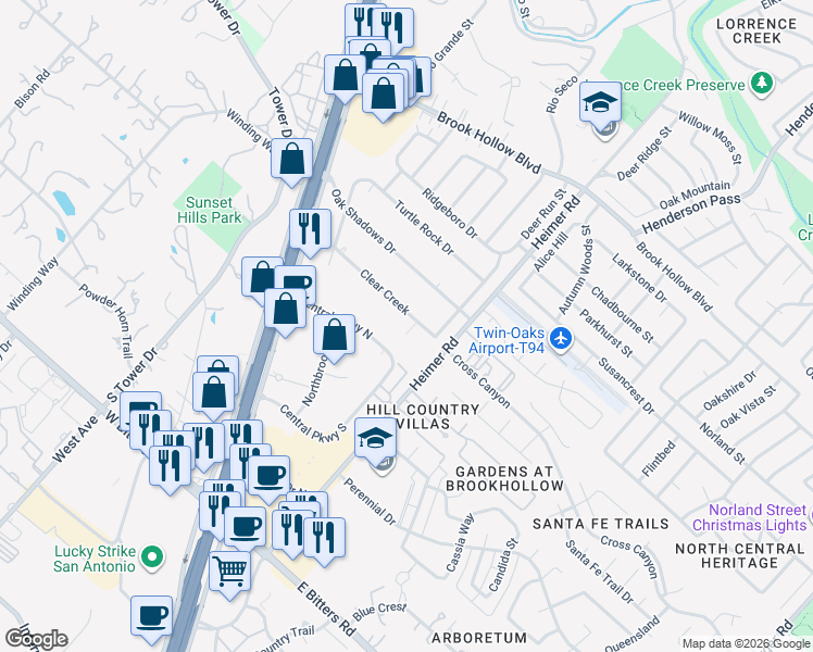 map of restaurants, bars, coffee shops, grocery stores, and more near 14215 Clear Creek in San Antonio