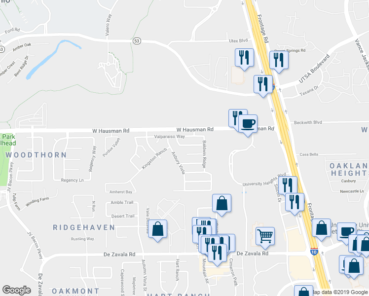 map of restaurants, bars, coffee shops, grocery stores, and more near 5918 Barton Hollow in San Antonio