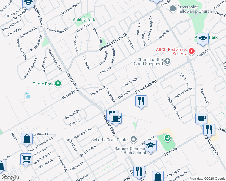 map of restaurants, bars, coffee shops, grocery stores, and more near 2225 Crary Meadow in Schertz