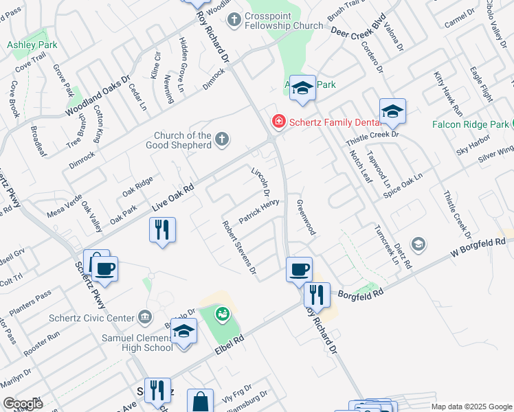 map of restaurants, bars, coffee shops, grocery stores, and more near 140 Patrick Henry Drive in Schertz