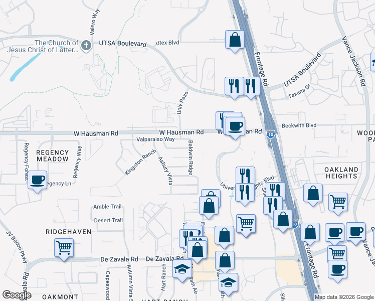 map of restaurants, bars, coffee shops, grocery stores, and more near 5806 Barton Hollow in San Antonio