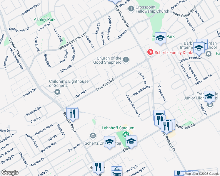 map of restaurants, bars, coffee shops, grocery stores, and more near 1012 Sophie Marie in Schertz