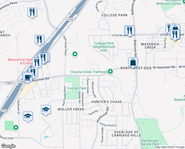 map of restaurants, bars, coffee shops, grocery stores, and more near 7706 Dusty Diamond in San Antonio
