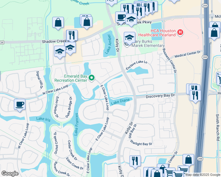 map of restaurants, bars, coffee shops, grocery stores, and more near 2204 Hollow Shore Street in Pearland