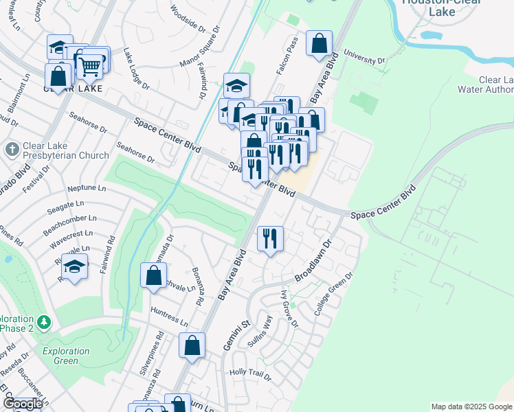 map of restaurants, bars, coffee shops, grocery stores, and more near 2305 Bay Area Boulevard in Houston