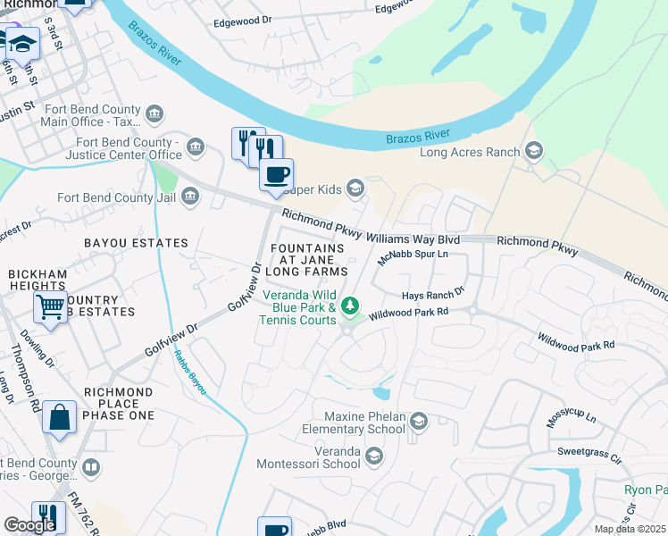 map of restaurants, bars, coffee shops, grocery stores, and more near 118 Long Canyon Lane in Richmond