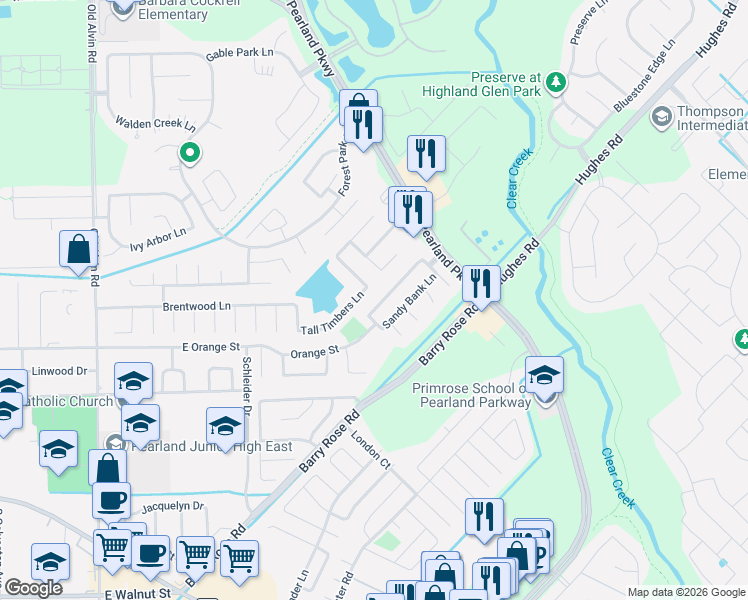 map of restaurants, bars, coffee shops, grocery stores, and more near 2023 Creek Shore Lane in Pearland
