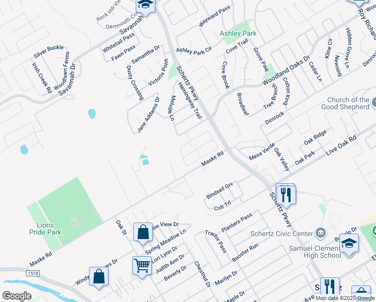 map of restaurants, bars, coffee shops, grocery stores, and more near 2337 Hawthorne Pass in Schertz
