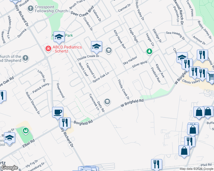 map of restaurants, bars, coffee shops, grocery stores, and more near 103 Woodstone Way in Cibolo
