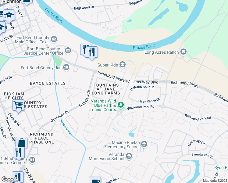 map of restaurants, bars, coffee shops, grocery stores, and more near 118 Long Canyon Lane in Richmond