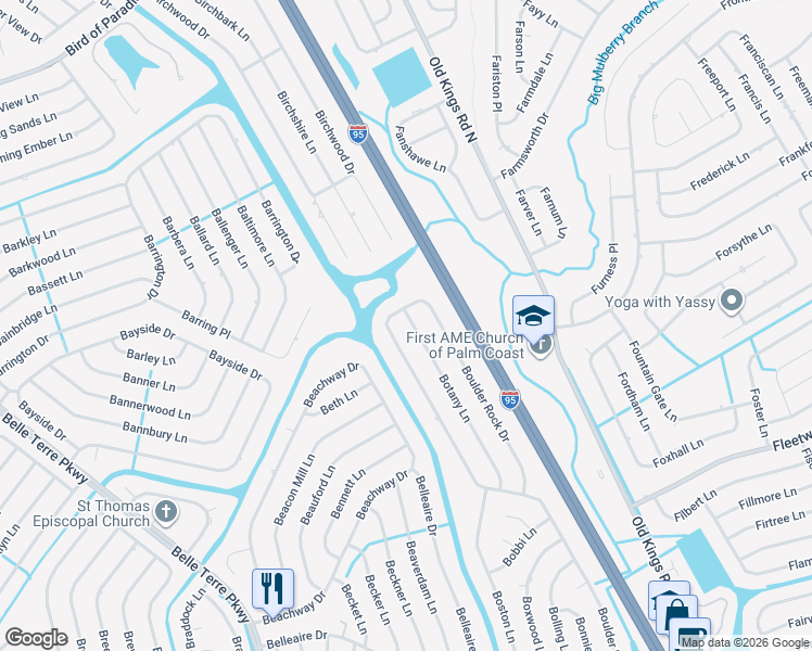 map of restaurants, bars, coffee shops, grocery stores, and more near 55 Botany Lane in Palm Coast