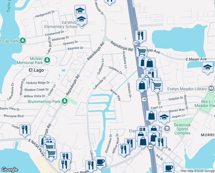 map of restaurants, bars, coffee shops, grocery stores, and more near 2302 La Rochelle Court in Seabrook