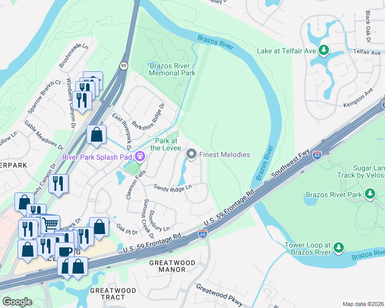 map of restaurants, bars, coffee shops, grocery stores, and more near 2114 Cranbrook Ridge Lane in Sugar Land