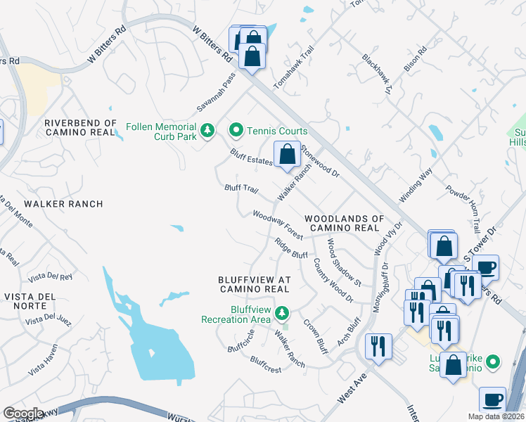 map of restaurants, bars, coffee shops, grocery stores, and more near 507 Woodway Forest in San Antonio