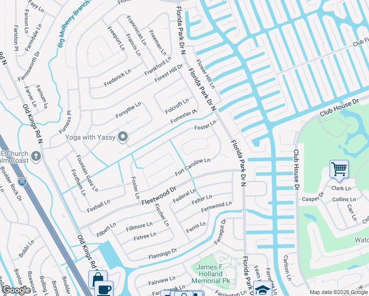 map of restaurants, bars, coffee shops, grocery stores, and more near 43 Folson Lane in Palm Coast