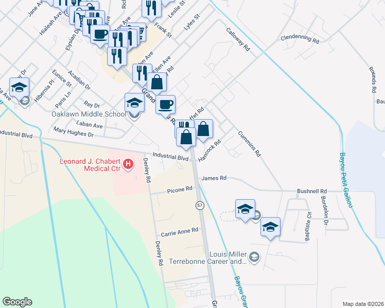 map of restaurants, bars, coffee shops, grocery stores, and more near 1564 Grand Caillou Road in Houma
