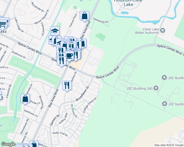 map of restaurants, bars, coffee shops, grocery stores, and more near 16665 Space Center Boulevard in Houston