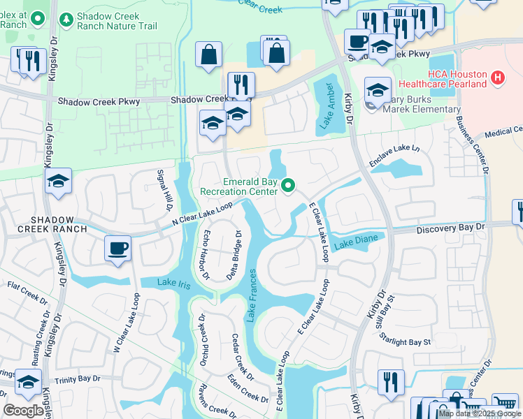 map of restaurants, bars, coffee shops, grocery stores, and more near 11907 Shore Creek Court in Pearland
