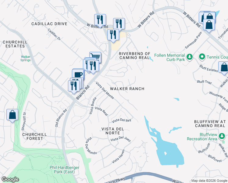 map of restaurants, bars, coffee shops, grocery stores, and more near 1326 Walkers Way in San Antonio