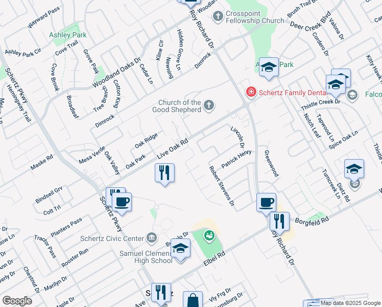 map of restaurants, bars, coffee shops, grocery stores, and more near 1025 Keanna Place in Schertz