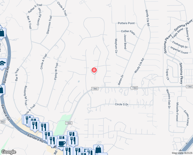 map of restaurants, bars, coffee shops, grocery stores, and more near 13611 French Oaks in Helotes